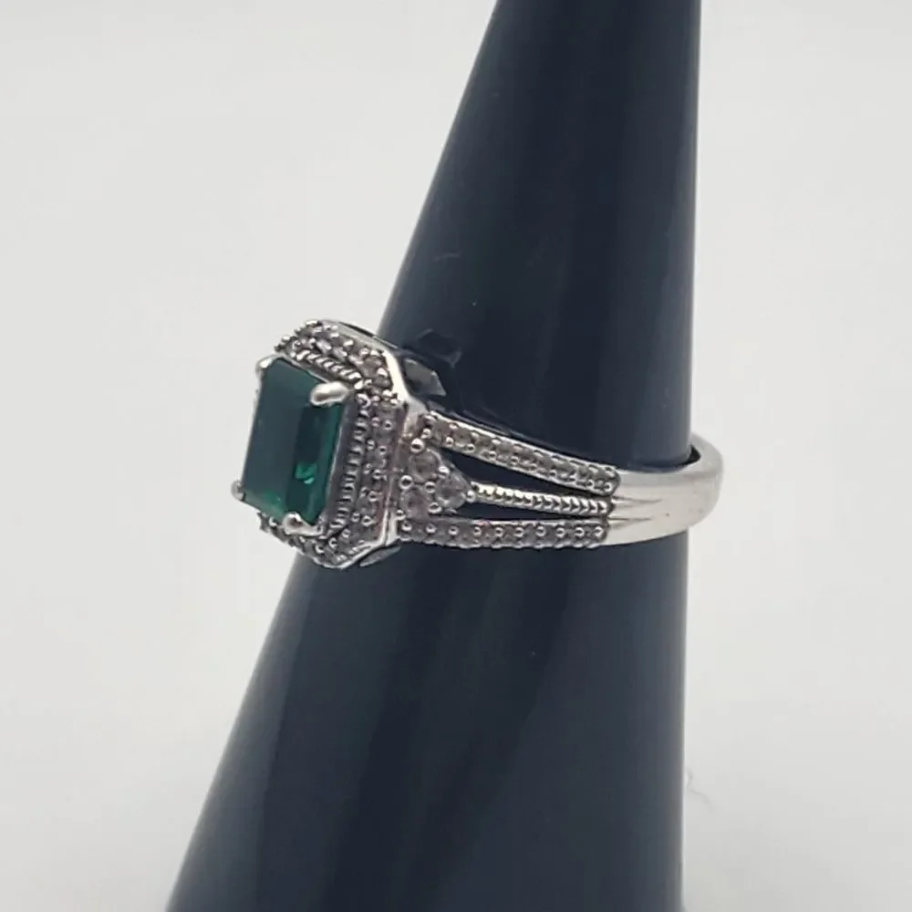 Renaissance Jewelry Lab Created Emerald & White Sapphire Sterling Silver Ring